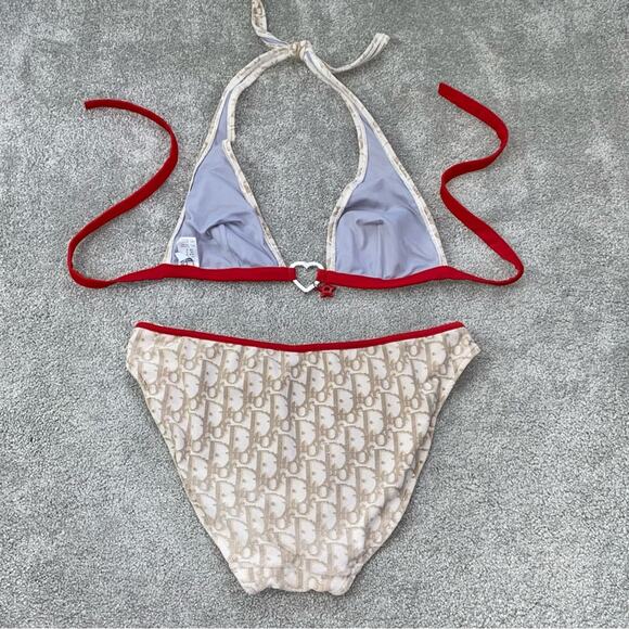 S AUTH VTG Christian Dior Tan Red Charm Trotter Logo Print Bikini Swimsuit - Picture 16 of 16